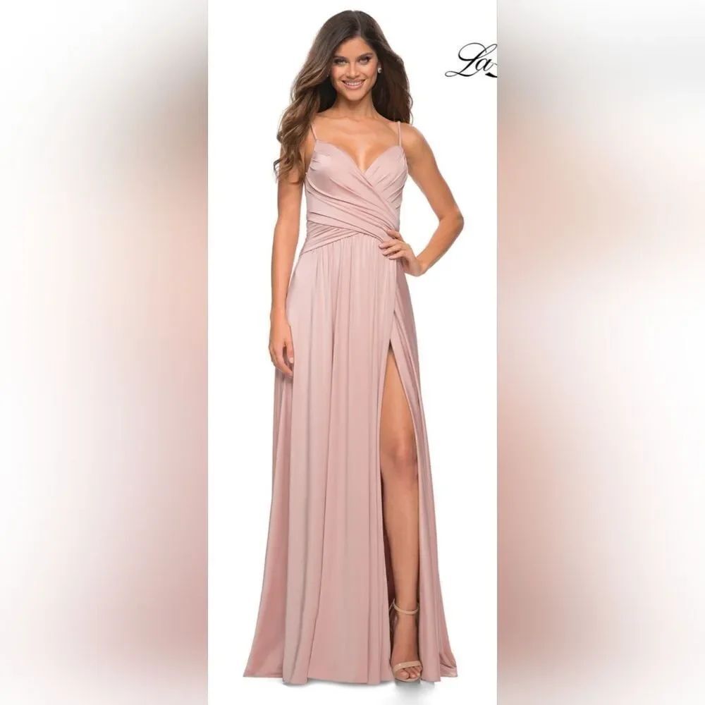 LA FEMME Elegant Criss-Cross Ruched Bodice Jersey Dress 30571 MAUVE SIZE 2 NWOT